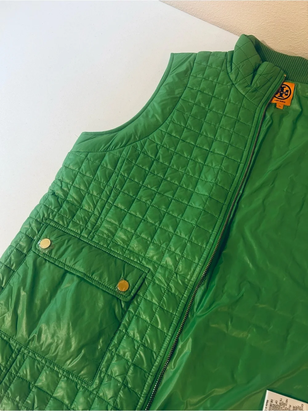 Tory Burch Bright Green Quilted Kids' Vest with Gold Snaps